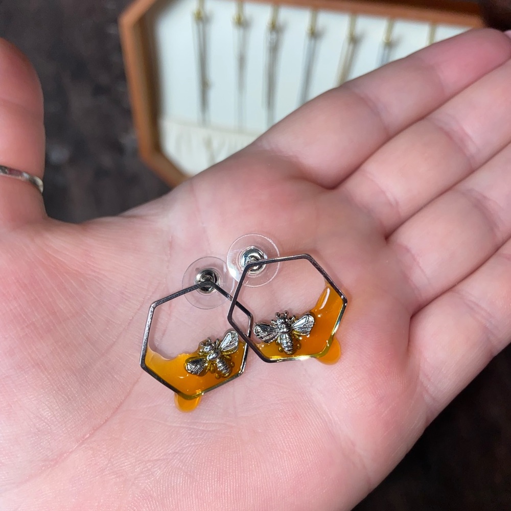 Silver Hexagonal Honey and Bee Earrings